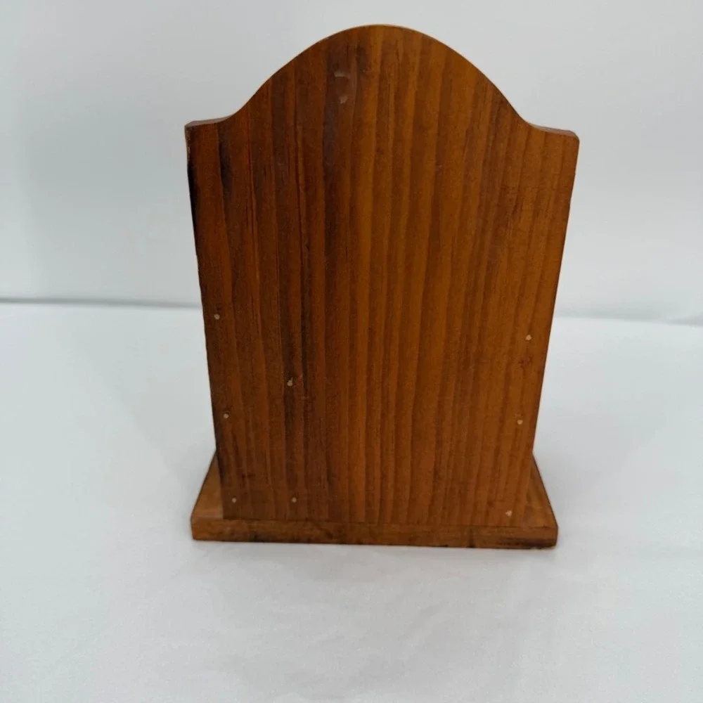 Wooden Note & Pen Holder Hand Painted Cottage Scene Desk Organizer VTG Country